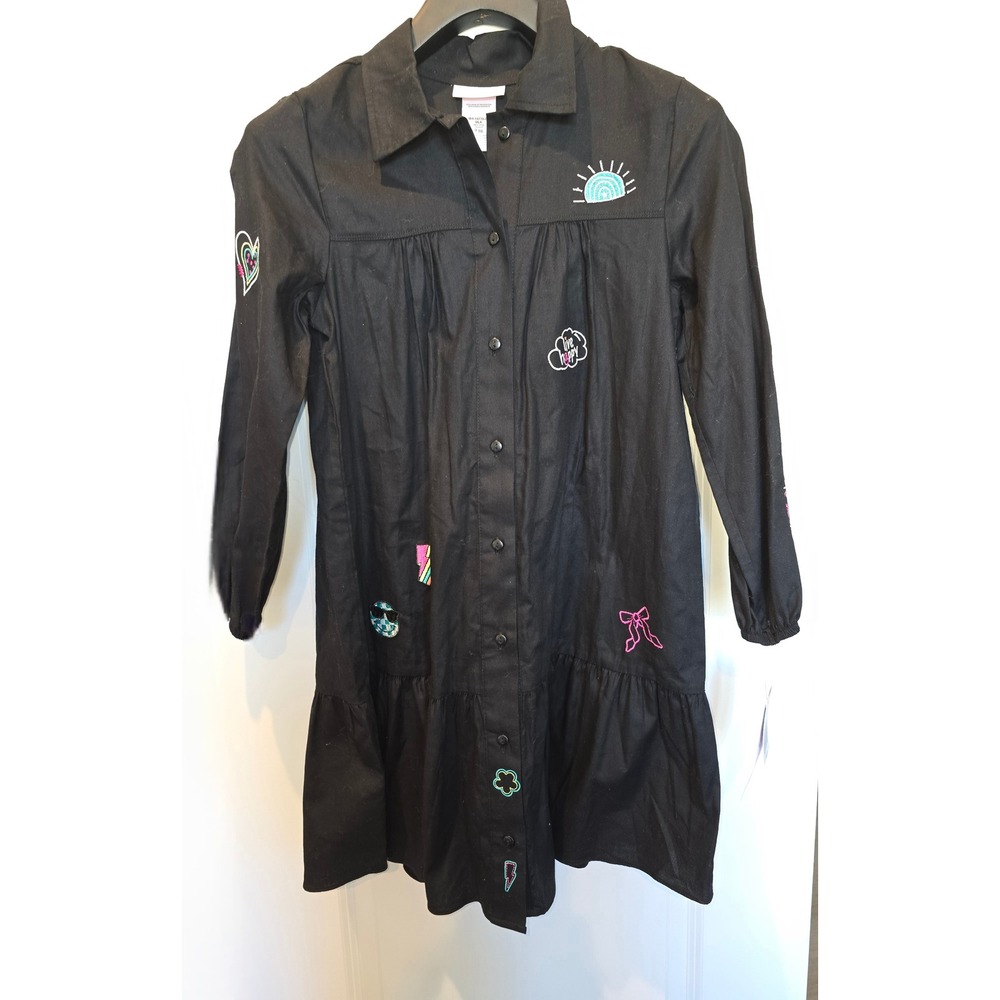 NWT‎ Bonnie Jean Girls Black Embroidered Patch Long Sleeve Dress W4-14770-DL 16